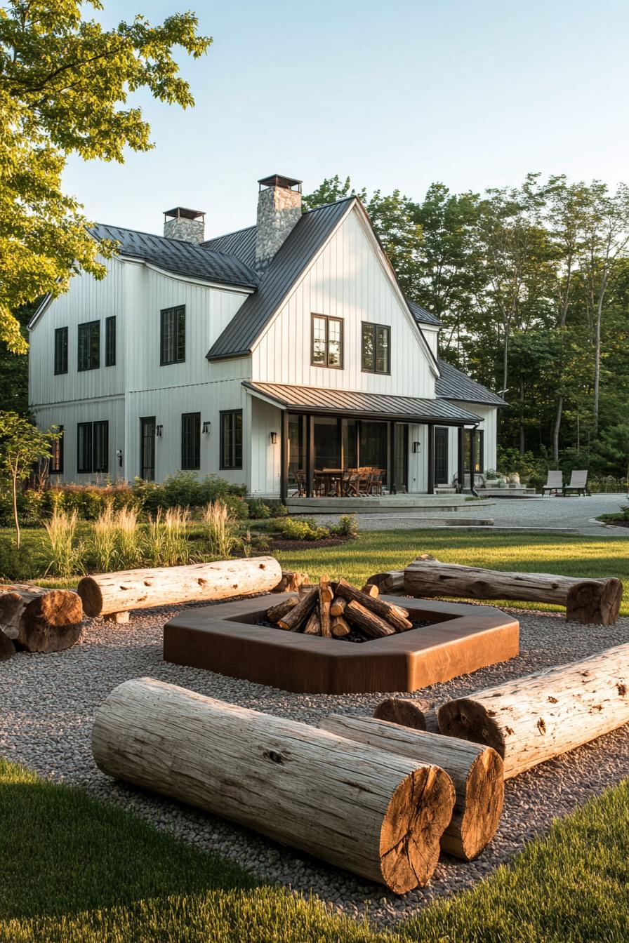 modern farmhouse backyard with rustic firepit and log benches 1