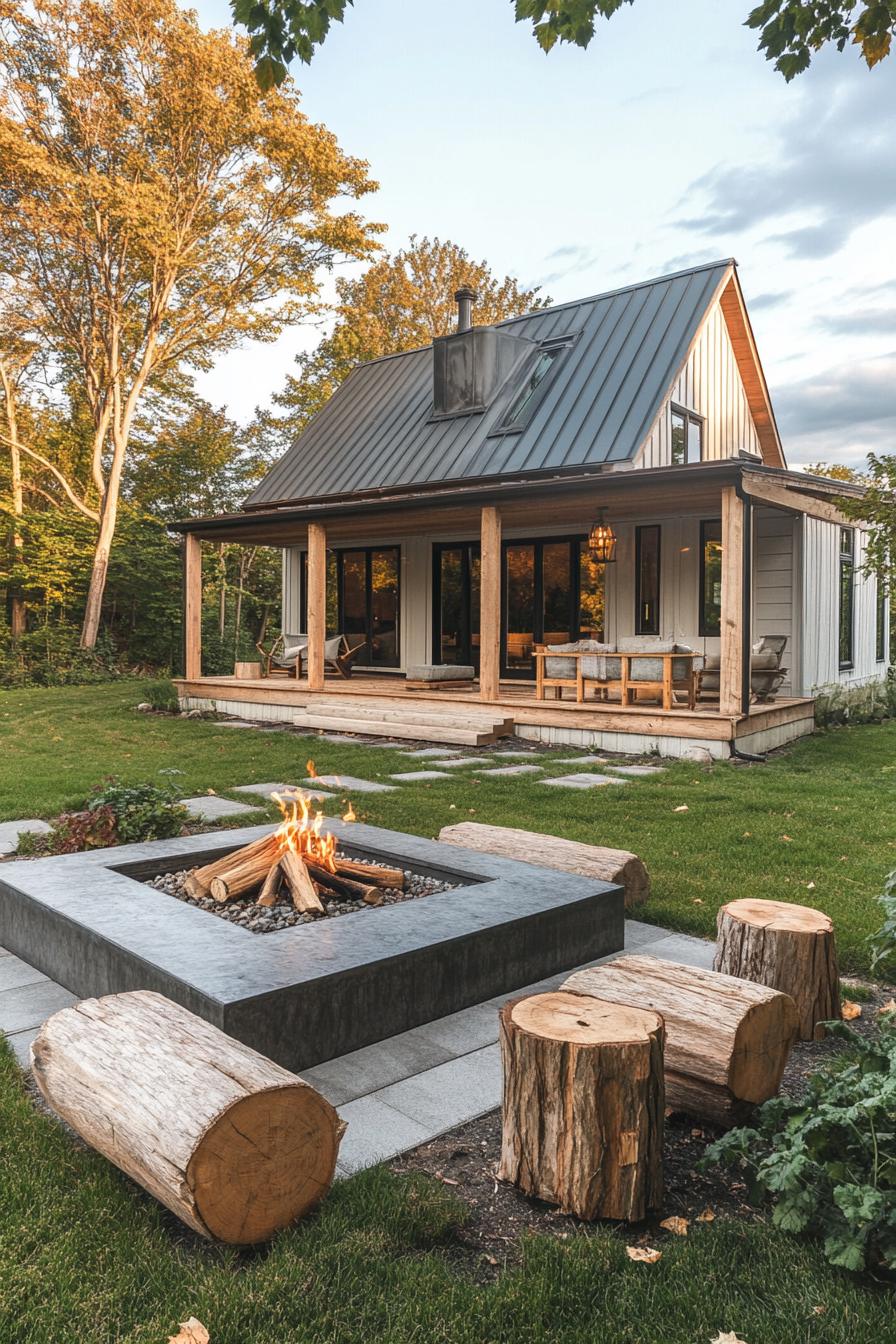 modern farmhouse backyard with rustic firepit and log benches 2