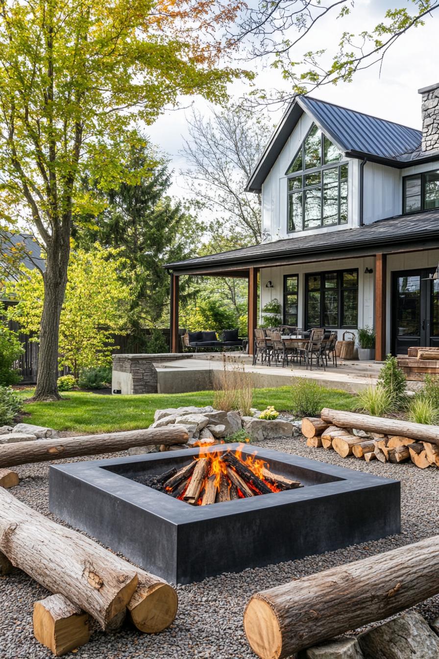 modern farmhouse backyard with rustic firepit and log benches 3