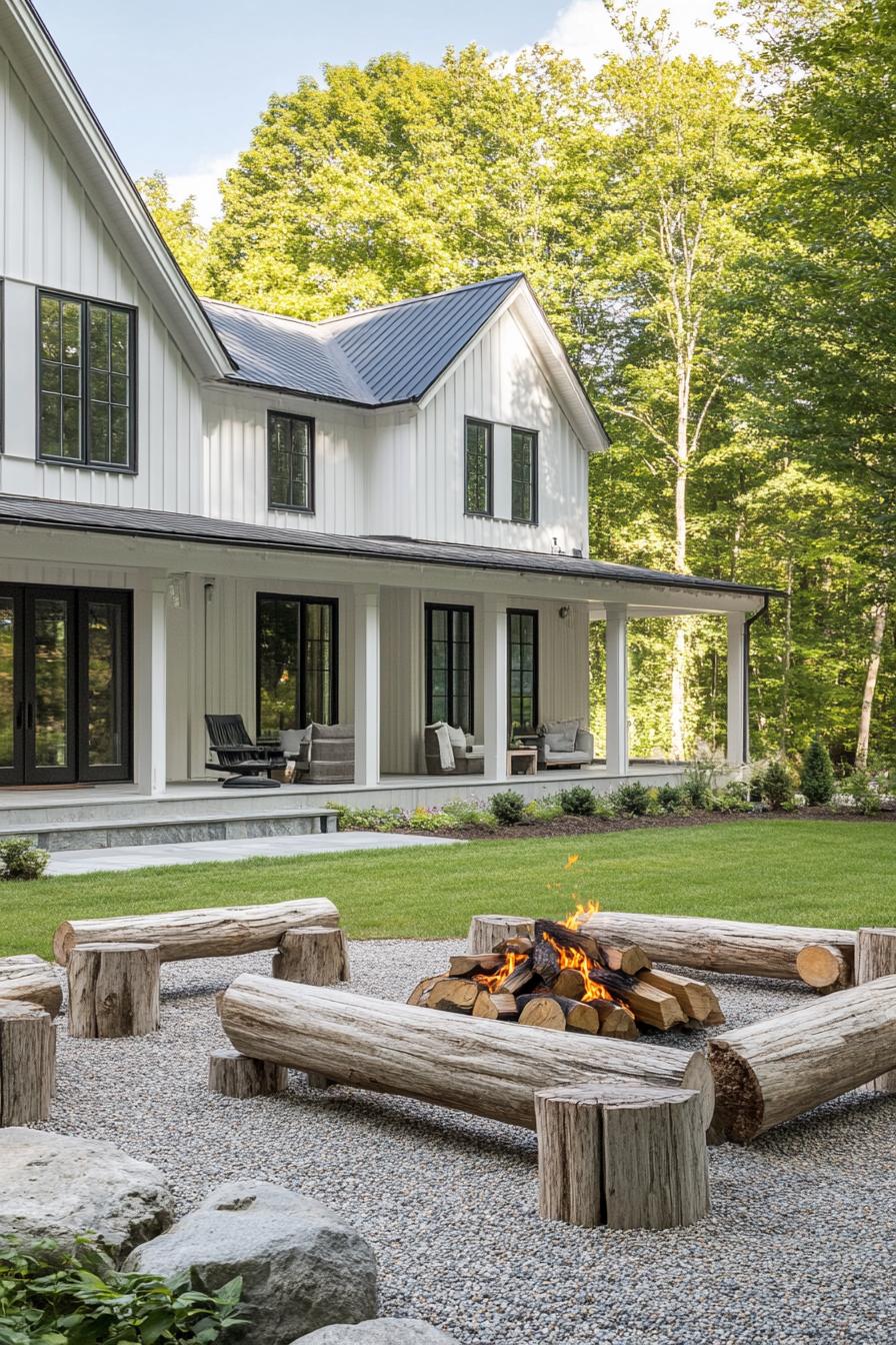 modern farmhouse backyard with rustic firepit and log benches