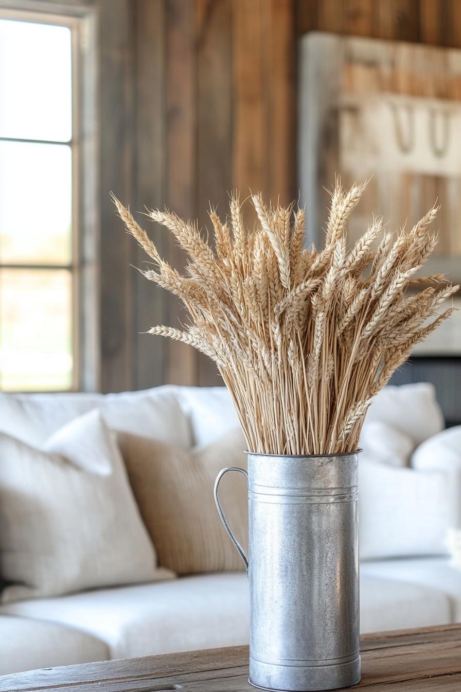 modern farmhouse interior living room galvanized metal vase with dried wheat decor 1