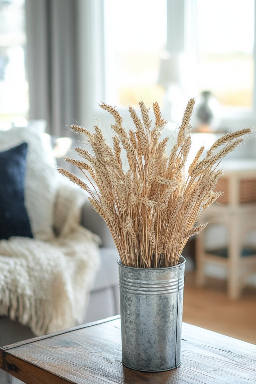 modern farmhouse interior living room galvanized metal vase with dried wheat decor 3