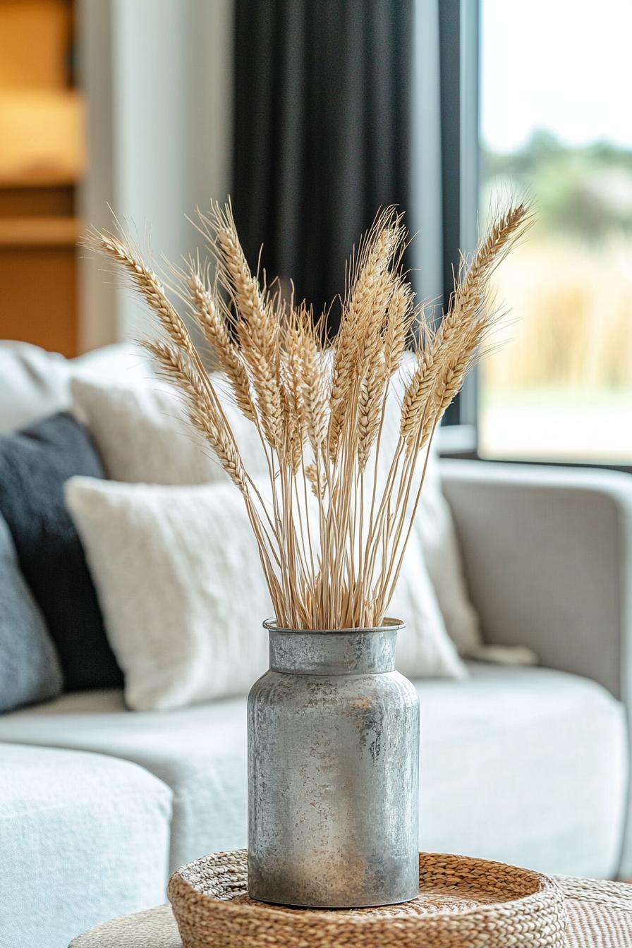 modern farmhouse interior living room galvanized metal vase with dried wheat decor