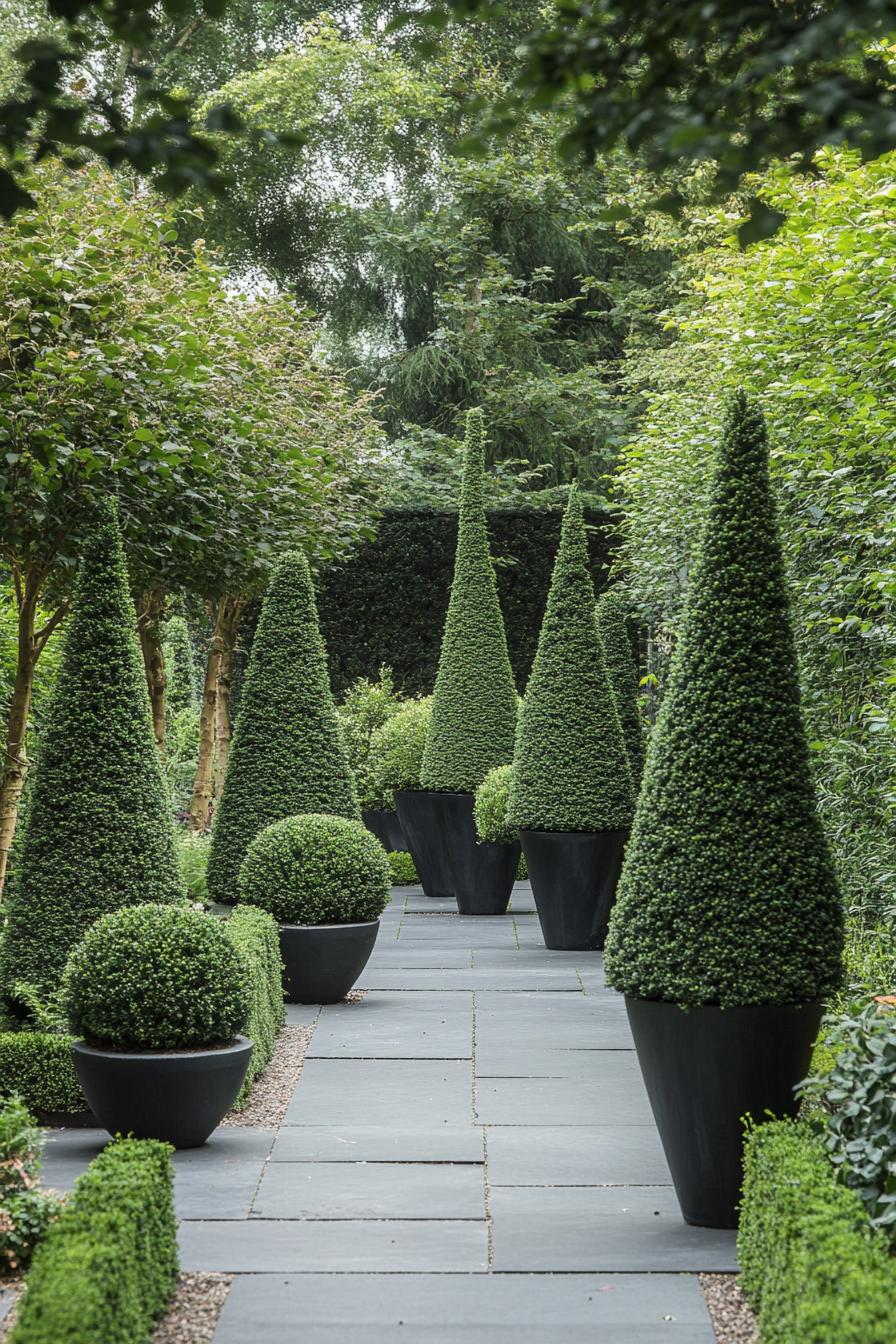 modern garden landscape with evergreen topiaries 2