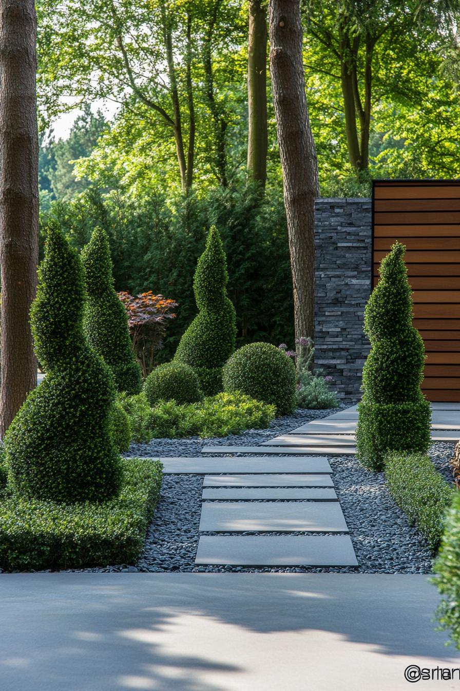 modern garden landscape with evergreen topiaries