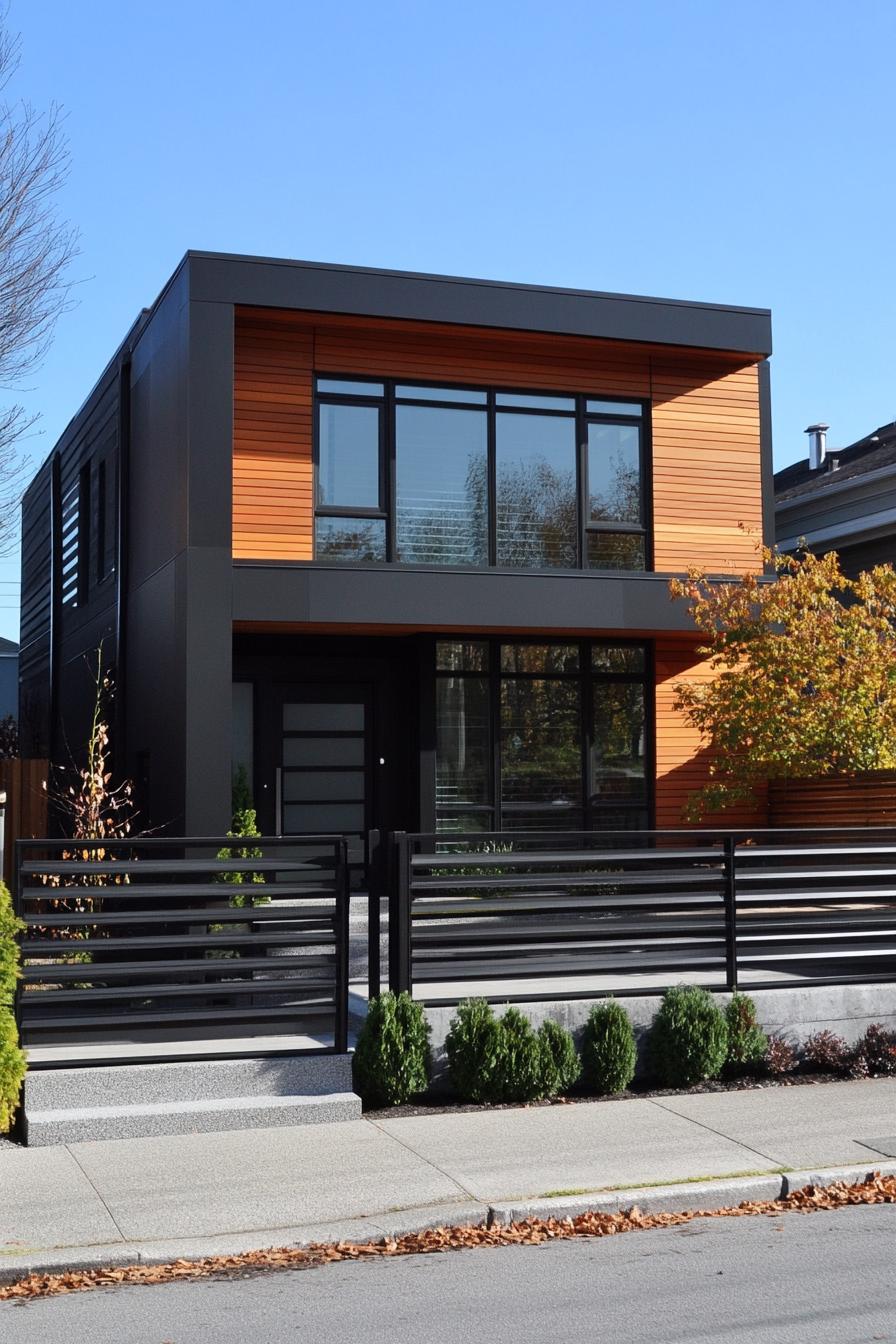 modern house front fence with modern metal panels wide view 1