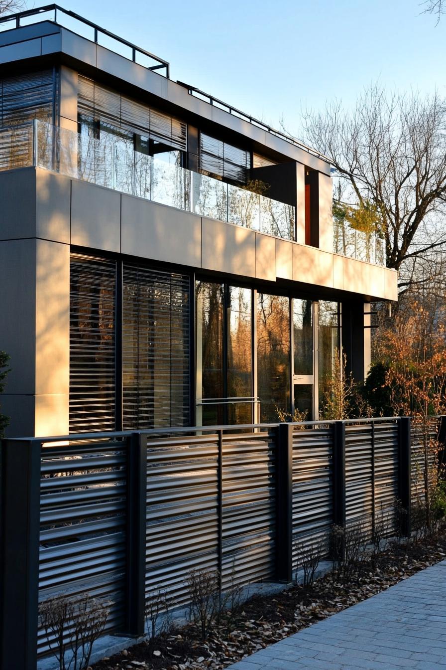 modern house front fence with modern metal panels wide view 2