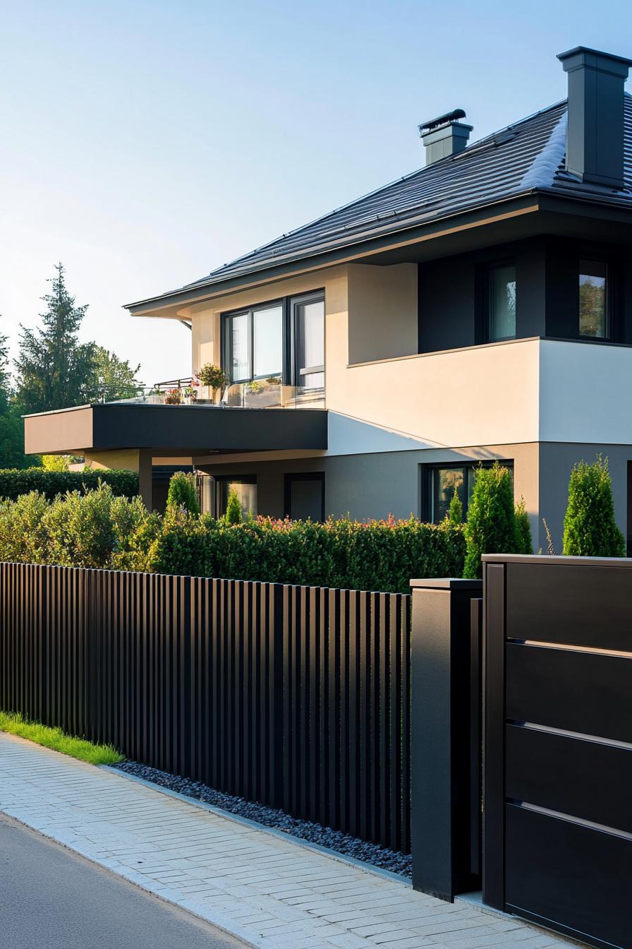 modern house front fence with modern metal panels wide view 3