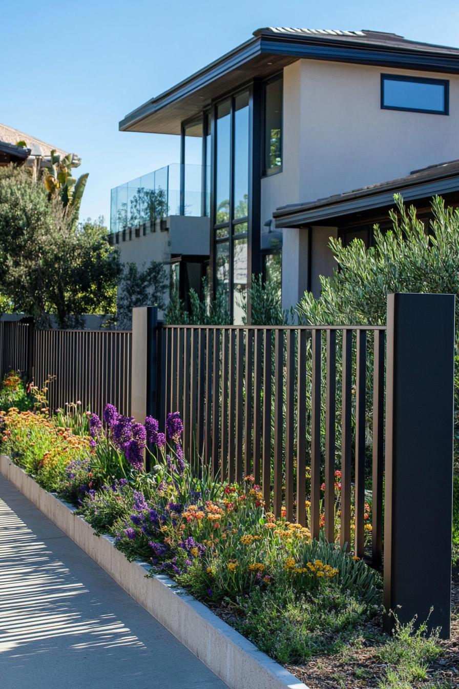 modern house front fence with modern metal panels wide view