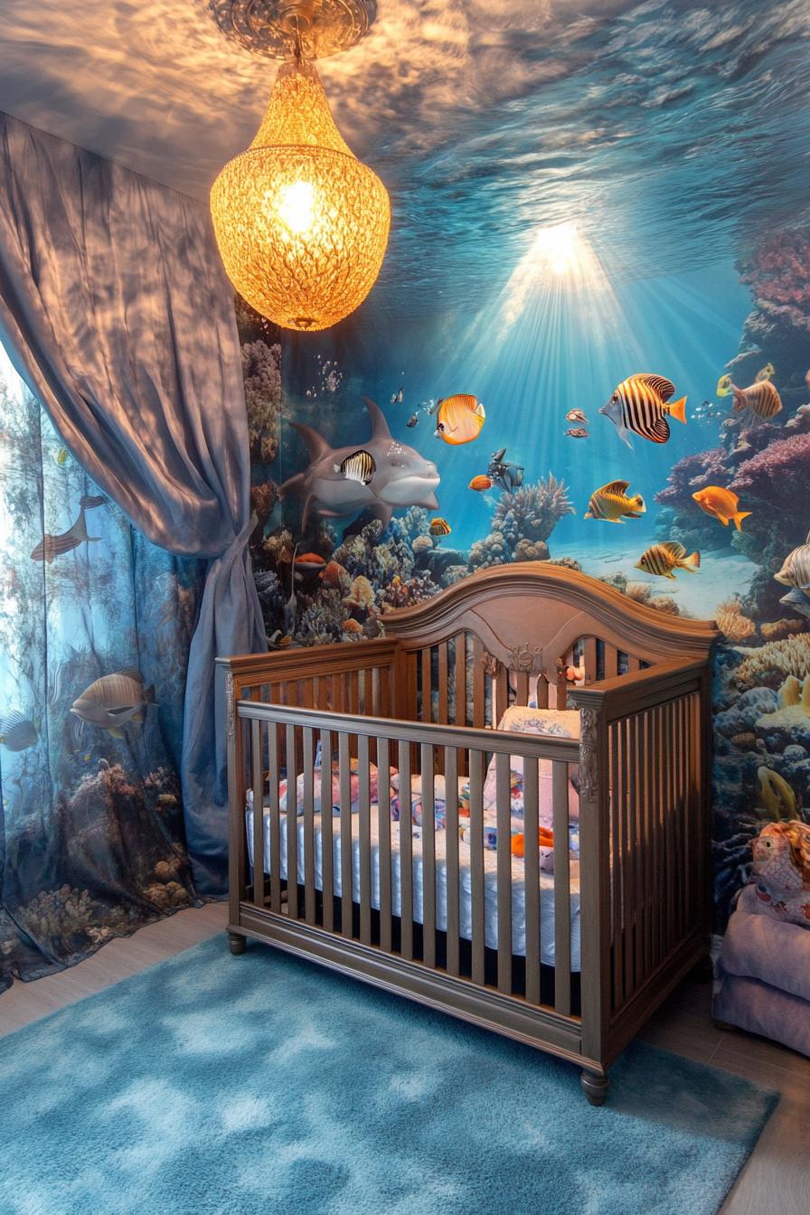 stunningly unique detailed nursery interior in underwater ocean world theme