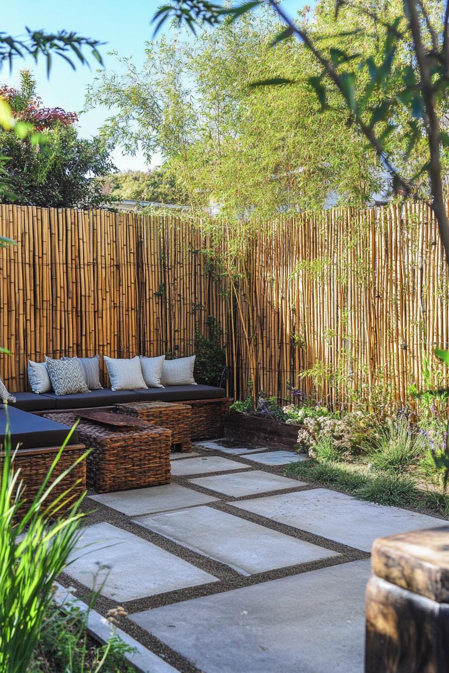 vertical bamboo garden privacy fence separated backyard seating section 1