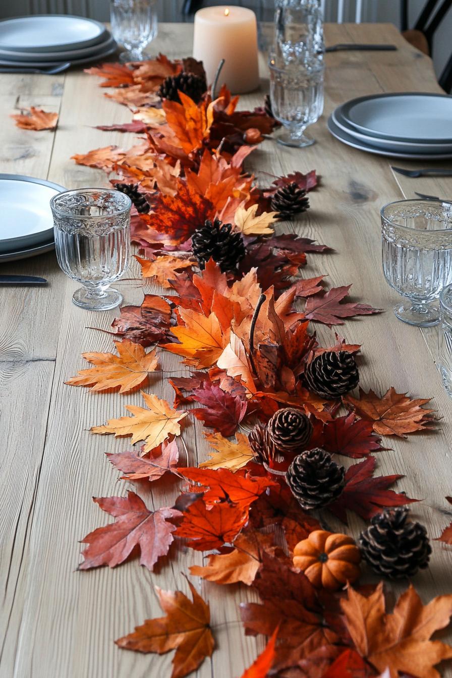 DIY table decor table runner made with dried fall leafs 2