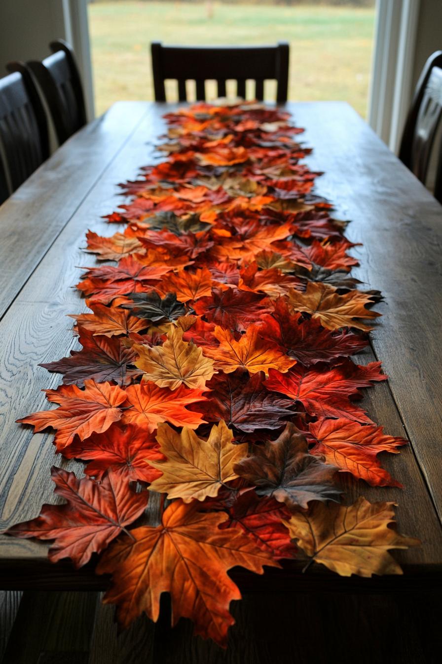 DIY table decor table runner made with dried fall leafs