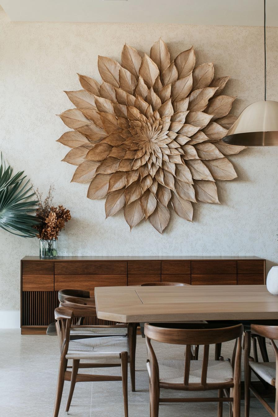 dining room wall decorated with mandala made of dried leafs 1