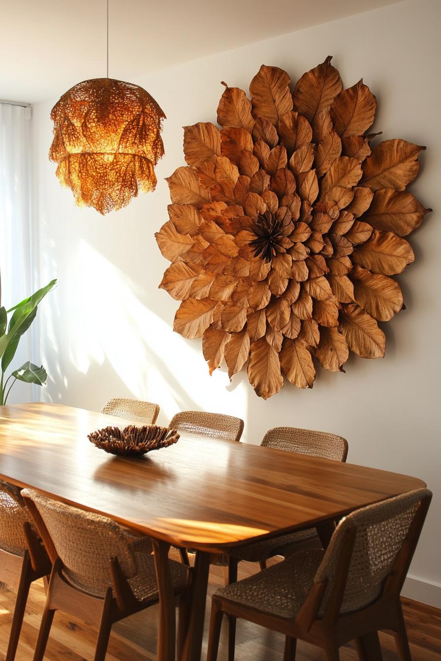 dining room wall decorated with mandala made of dried leafs 2