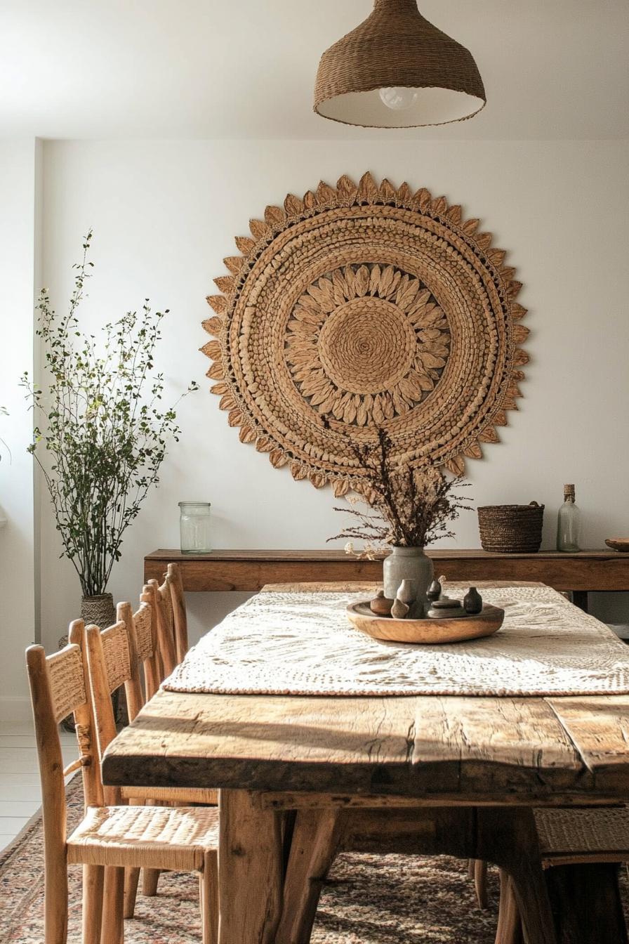 dining room wall decorated with mandala made of dried leafs 3