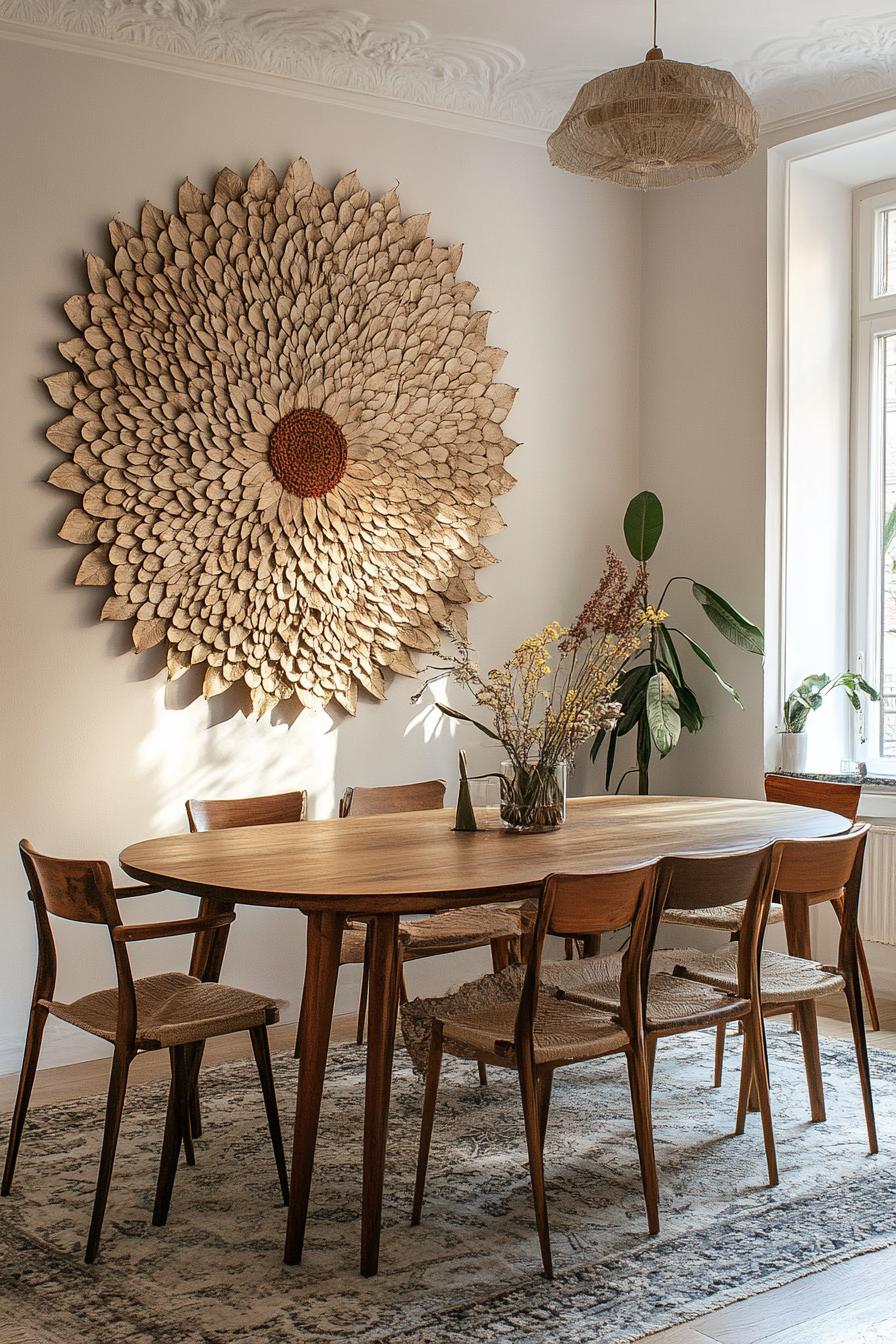 dining room wall decorated with mandala made of dried leafs