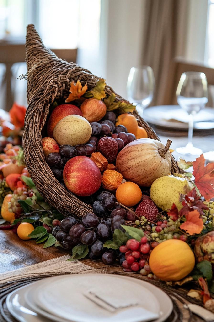 fall decor table centerpiece with harvest cornucopia with seasonal fruits 1