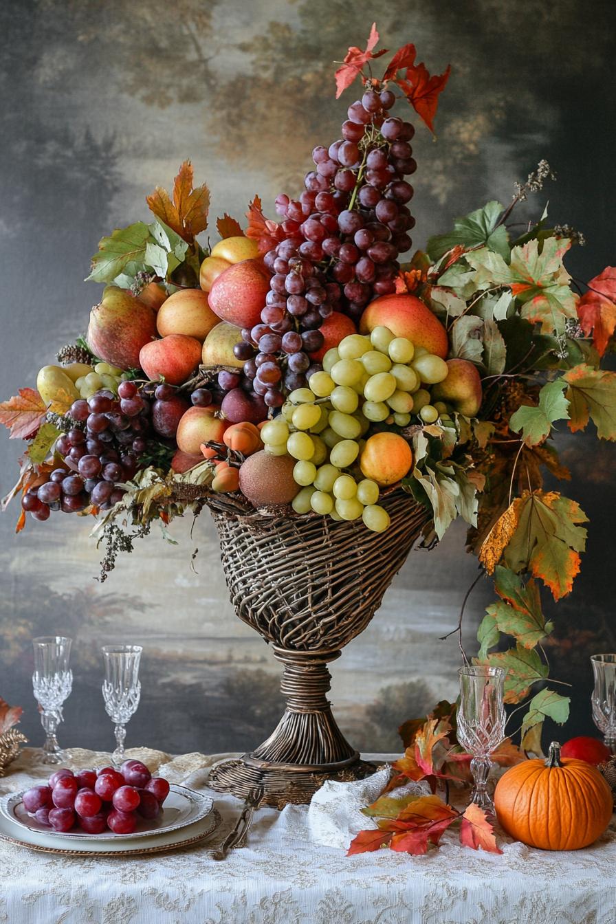 fall decor table centerpiece with harvest cornucopia with seasonal fruits 2