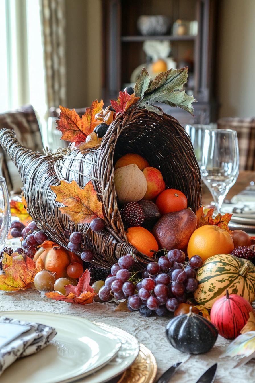 fall decor table centerpiece with harvest cornucopia with seasonal fruits 3