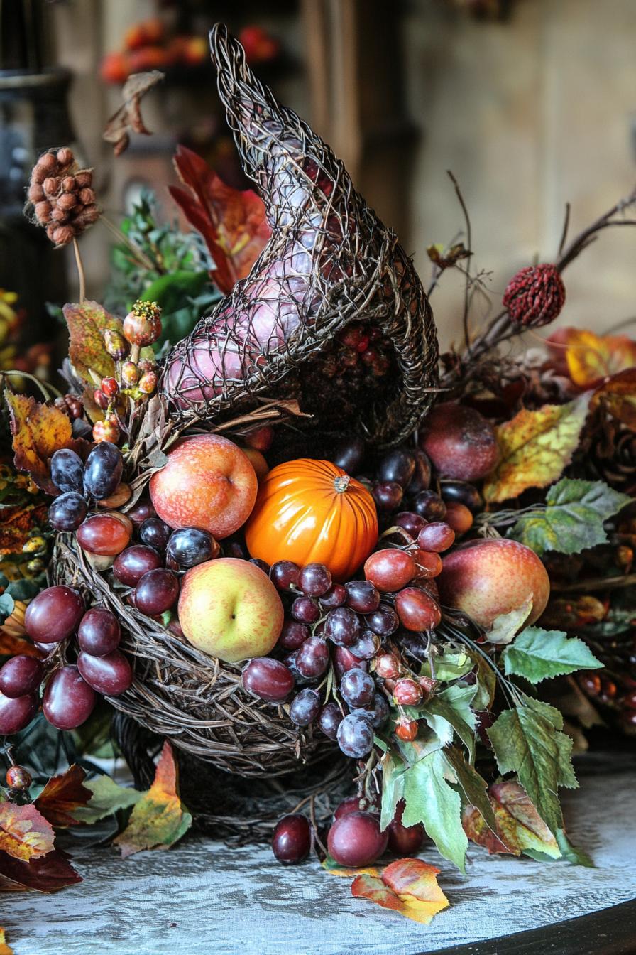 fall decor table centerpiece with harvest cornucopia with seasonal fruits