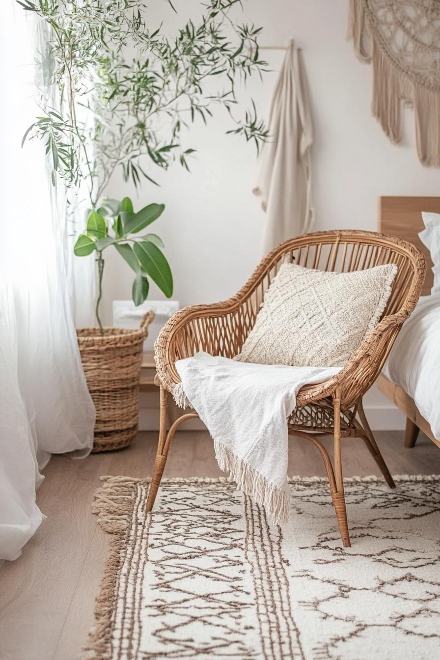 modern boho bedroom interior with rattan chair 1