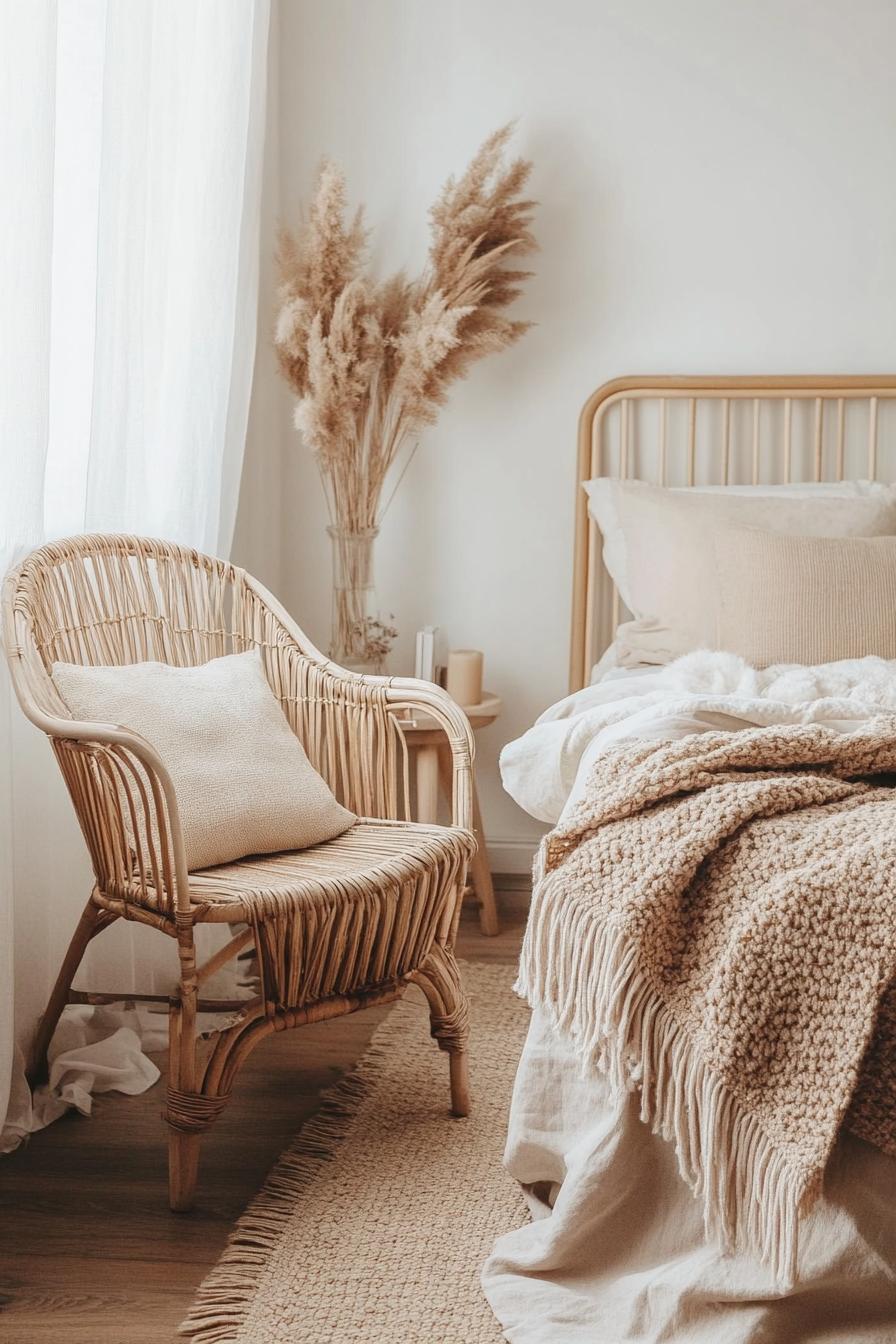 modern boho bedroom interior with rattan chair 2