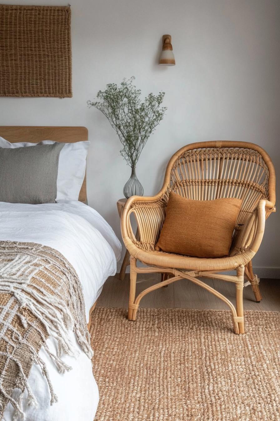 modern boho bedroom interior with rattan chair 3