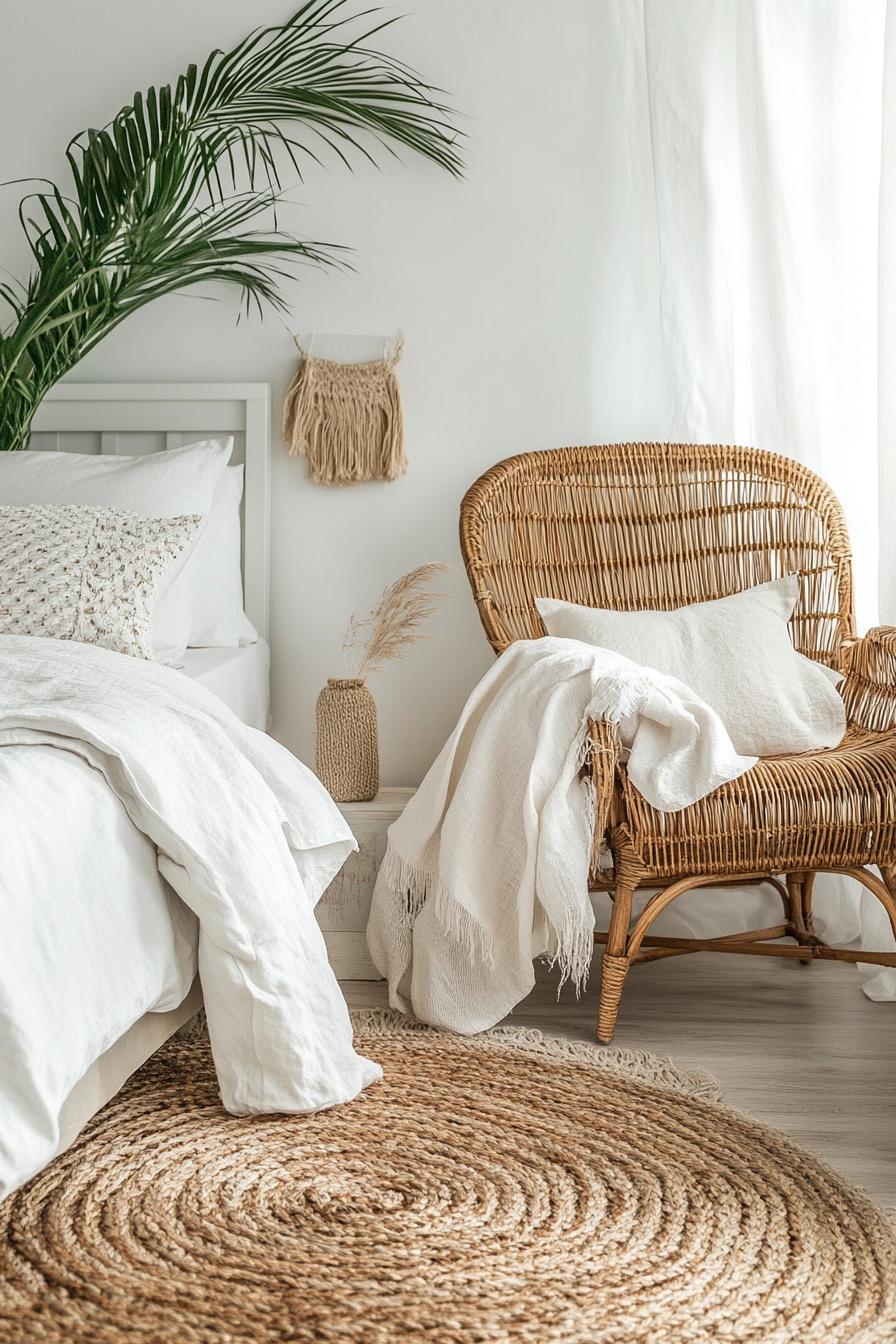 modern boho bedroom interior with rattan chair