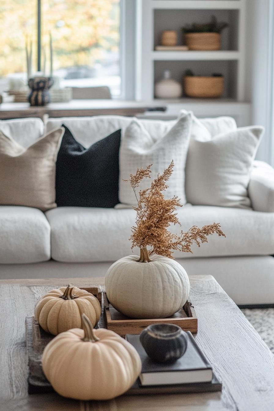 modern farmhouse interior living room coffee table decor with velvet pumpkin 1