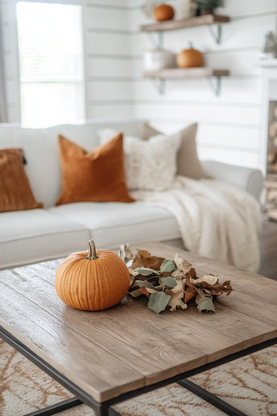 modern farmhouse interior living room coffee table decor with velvet pumpkin 3