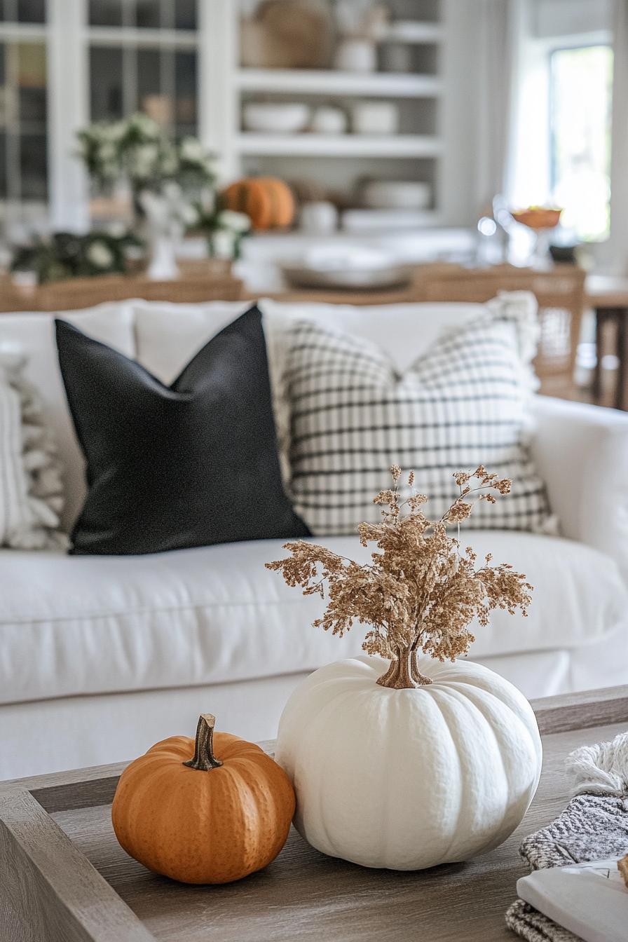 modern farmhouse interior living room coffee table decor with velvet pumpkin