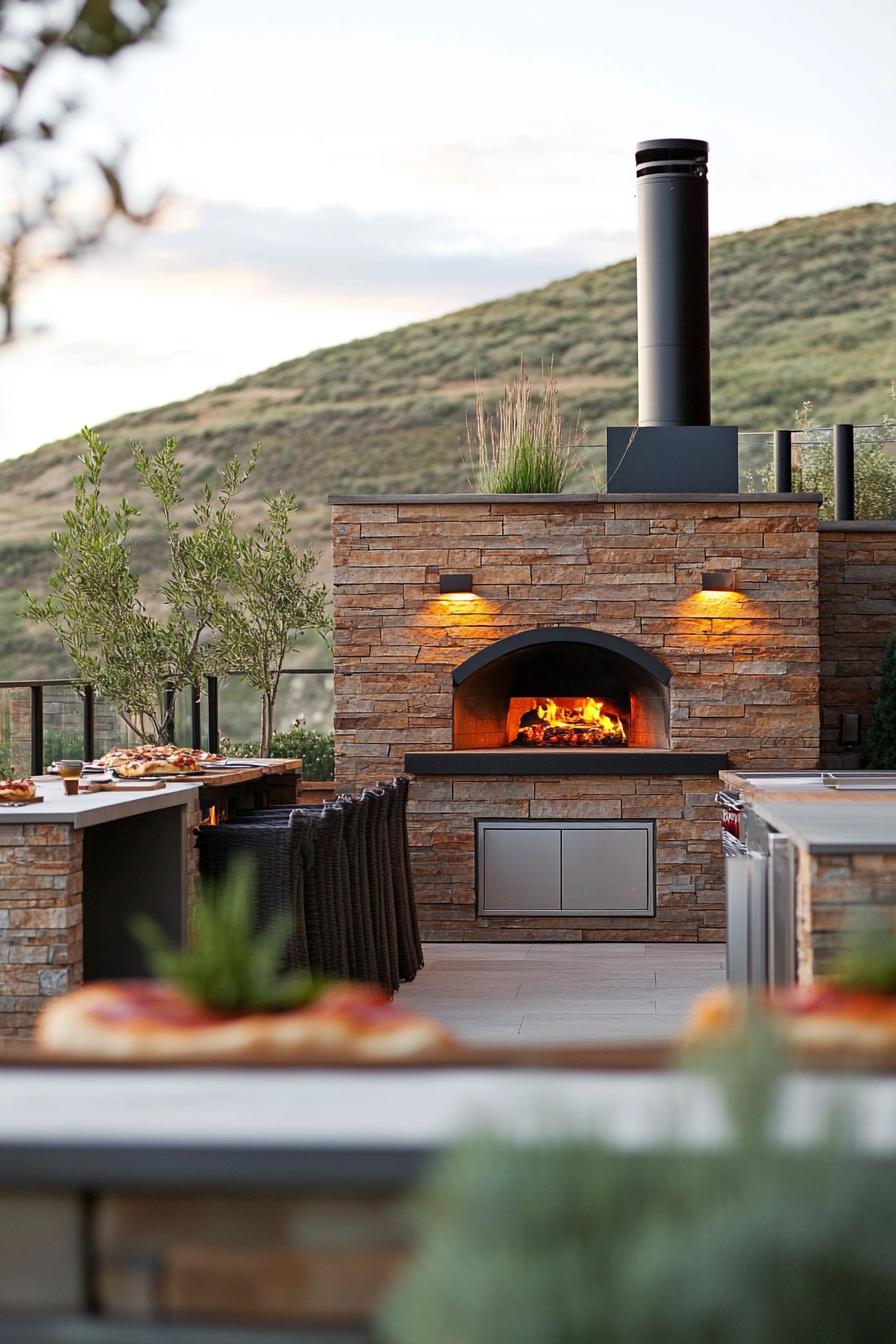 modern homse outdoor space with pizza oven