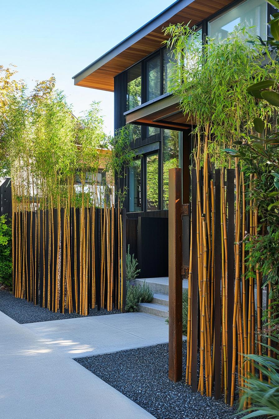 modern house front fence living bamboo screen wide view 2