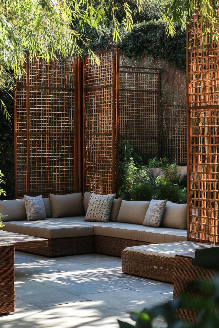 vertical bamboo lattice privacy screen separated backyard seating section 1