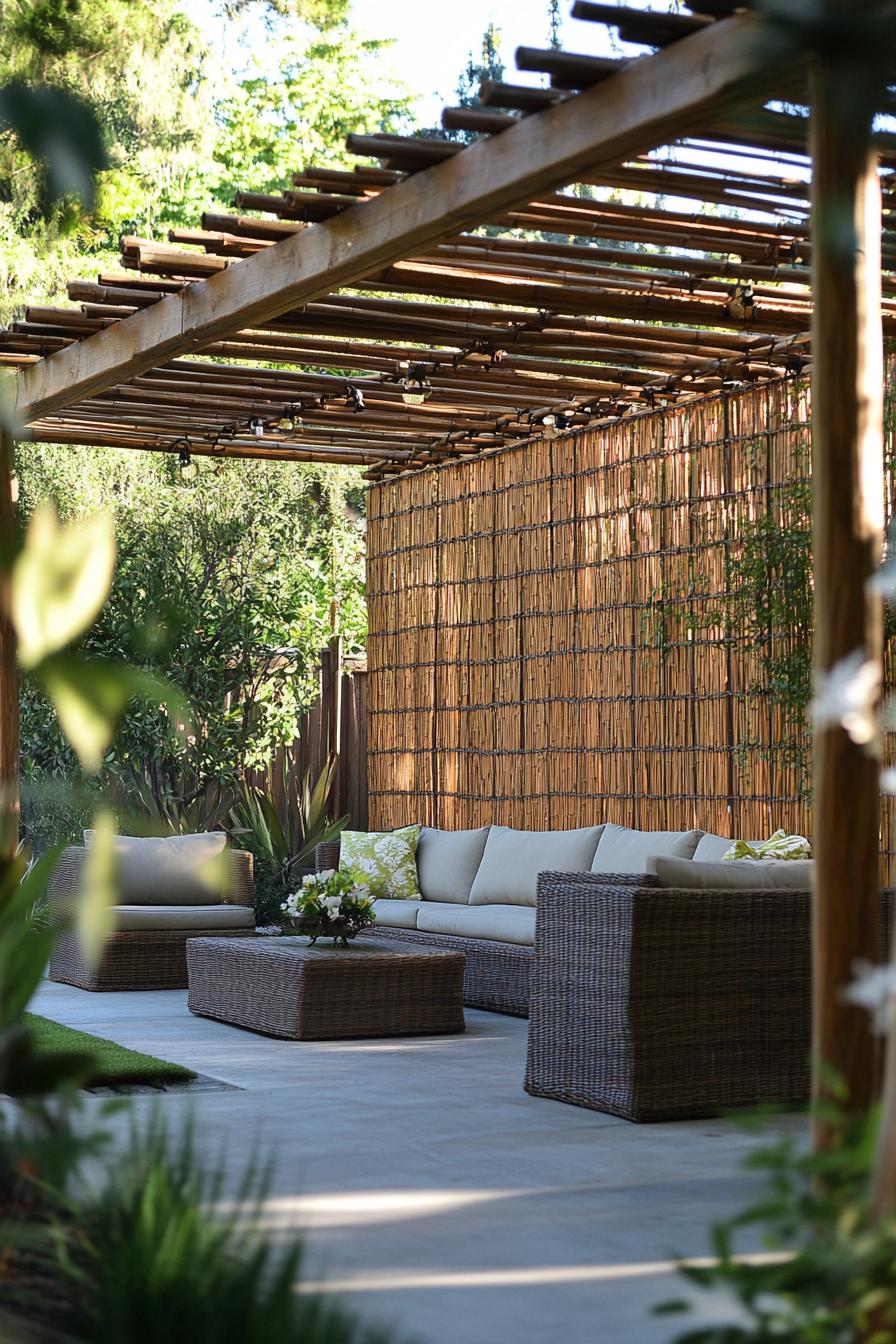 vertical bamboo lattice privacy screen separated backyard seating section