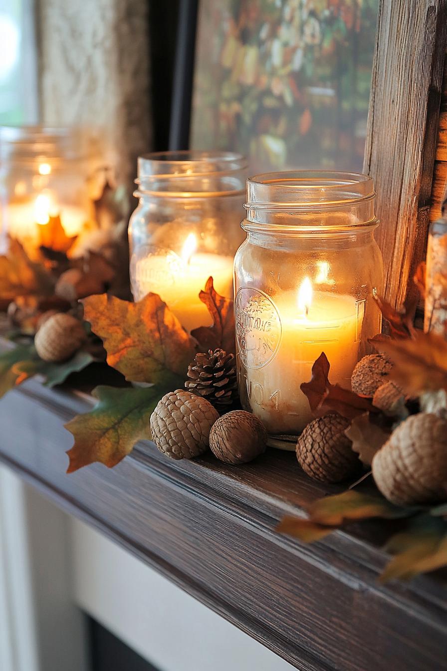 DIY fall decor mantel mason jars filled with acorns and candles 1