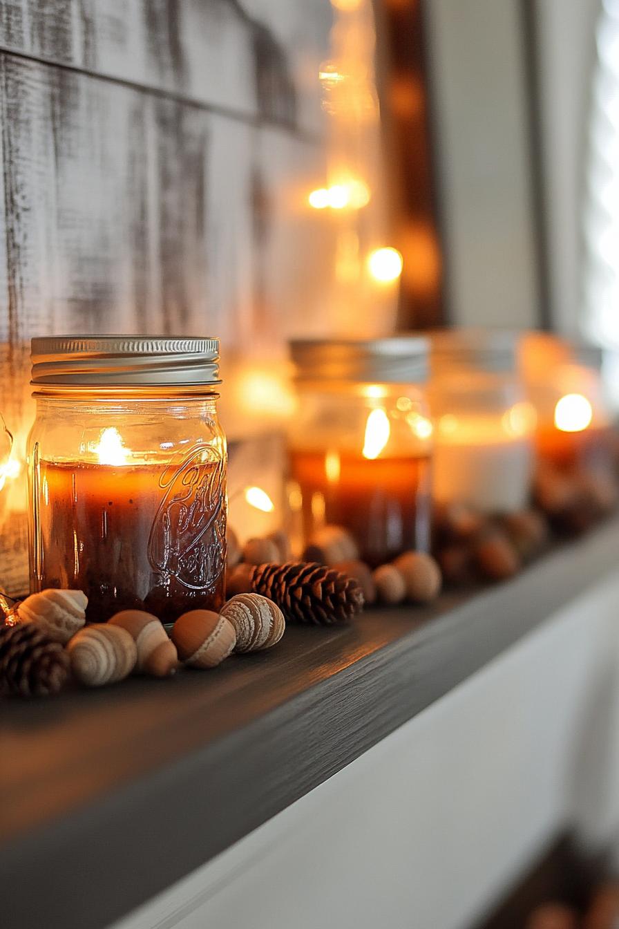 DIY fall decor mantel mason jars filled with acorns and candles 2