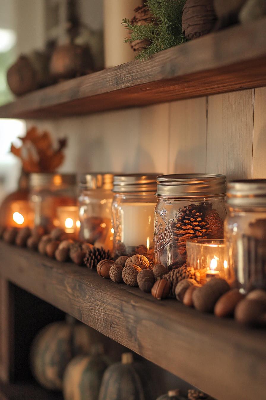 DIY fall decor mantel mason jars filled with acorns and candles 3