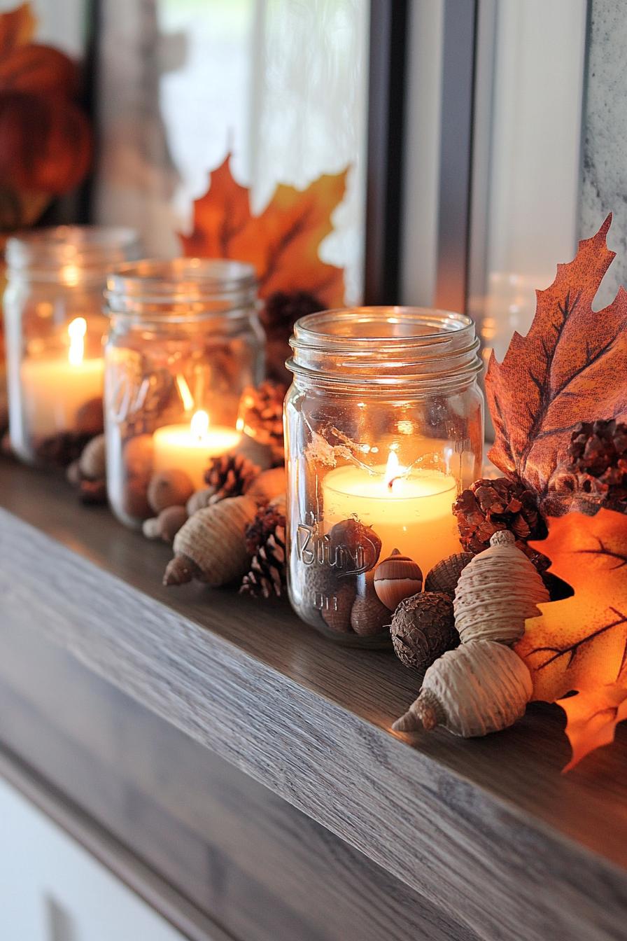 DIY fall decor mantel mason jars filled with acorns and candles