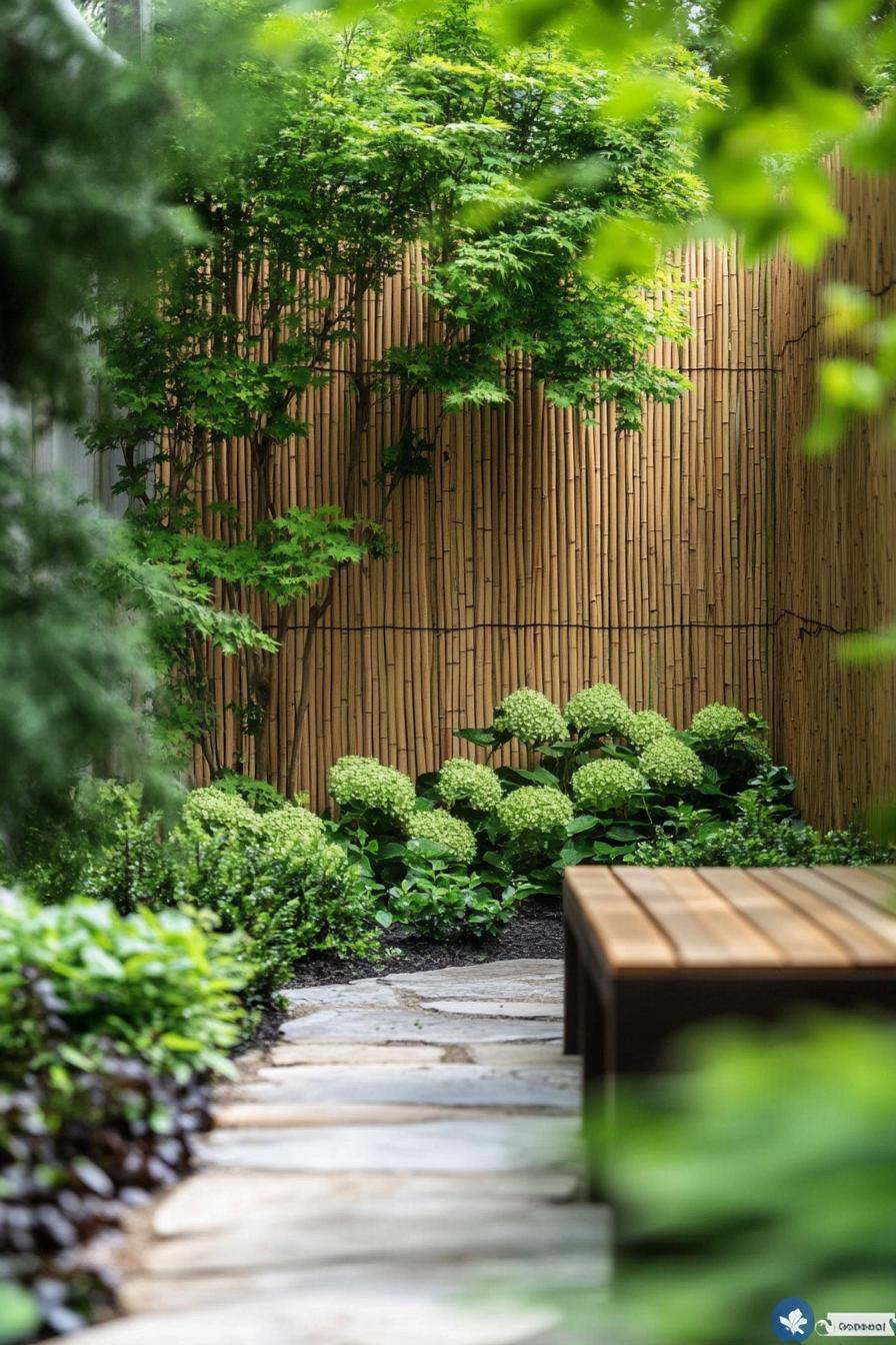 bamboo fence with climing plants backyard seating section 1