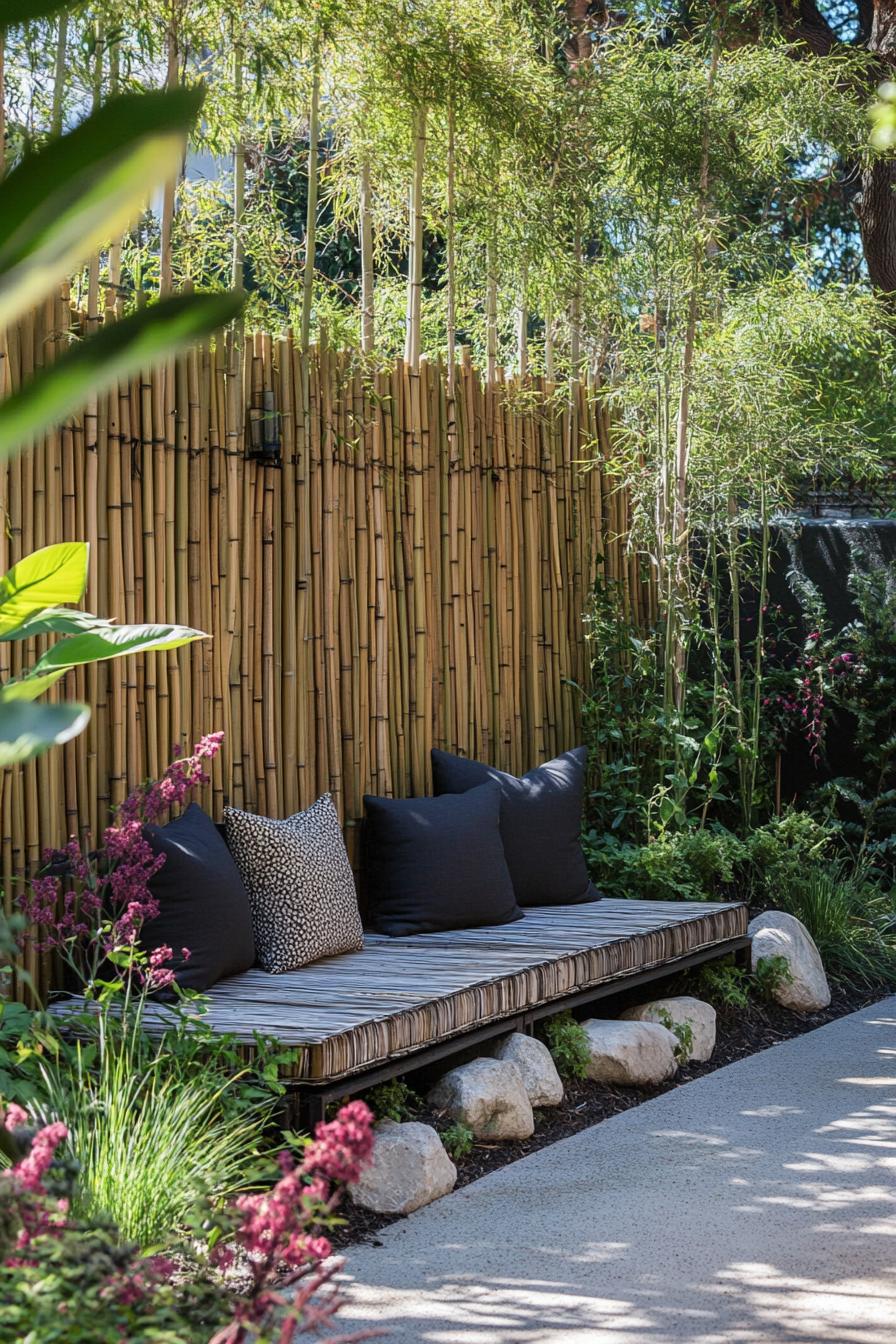 bamboo fence with climing plants backyard seating section 2