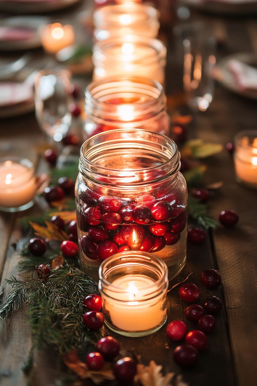 fall decor table centerpiece with mason jars with floating candles and cranberries 1