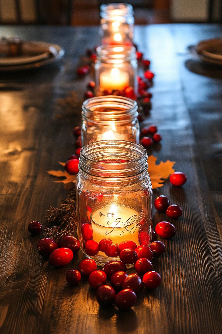 fall decor table centerpiece with mason jars with floating candles and cranberries 2