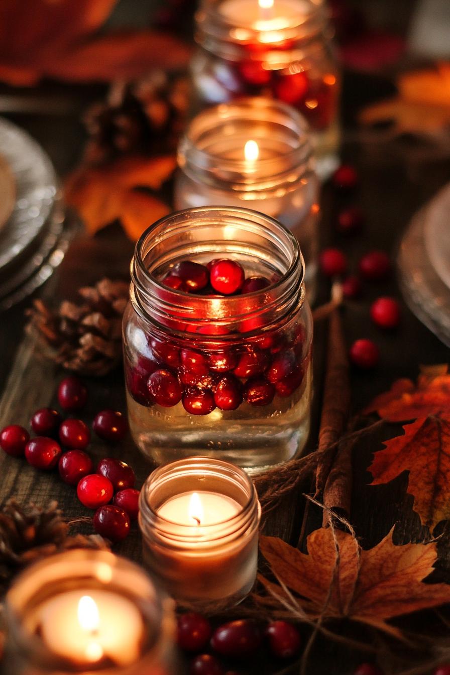 fall decor table centerpiece with mason jars with floating candles and cranberries 3