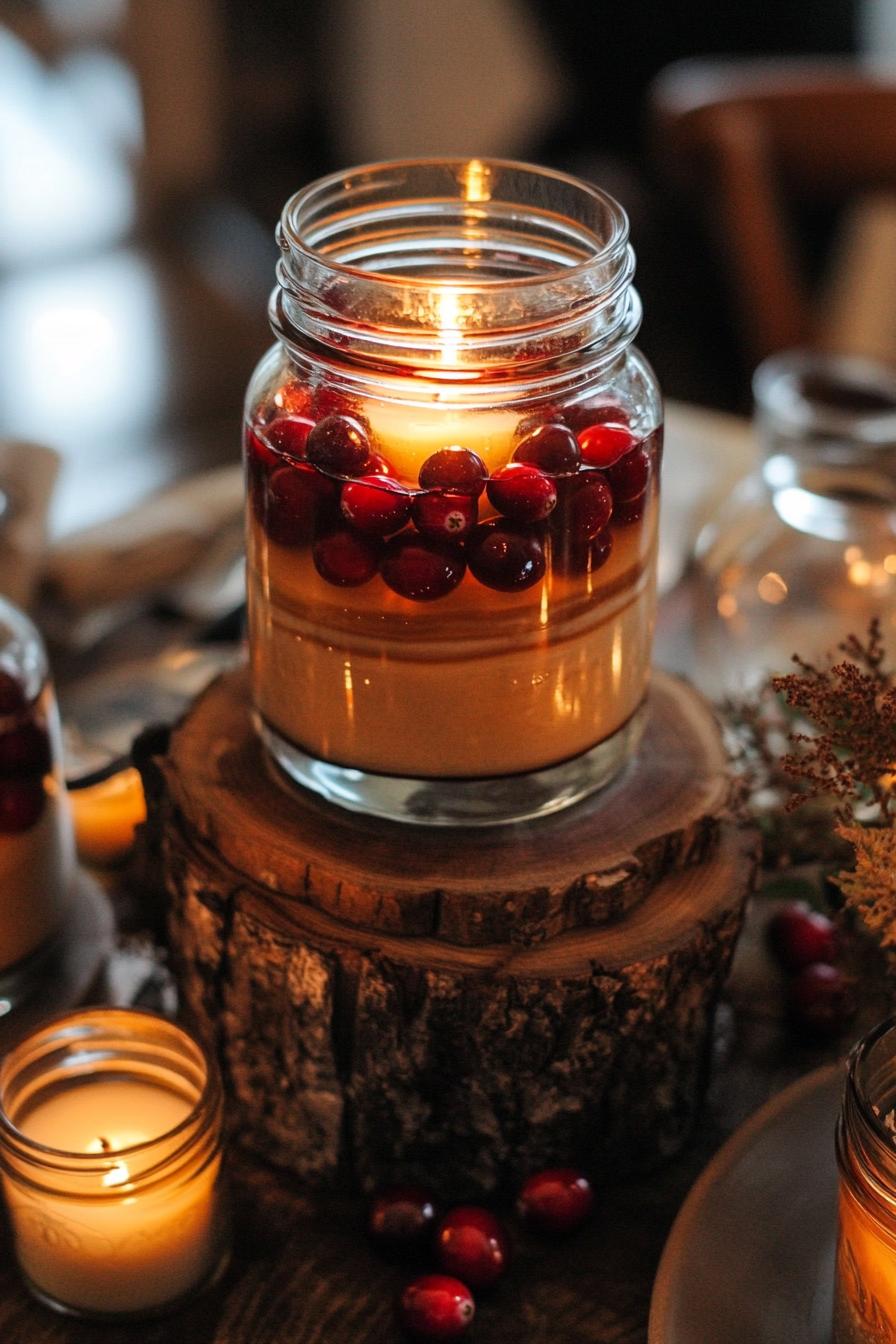 fall decor table centerpiece with mason jars with floating candles and cranberries