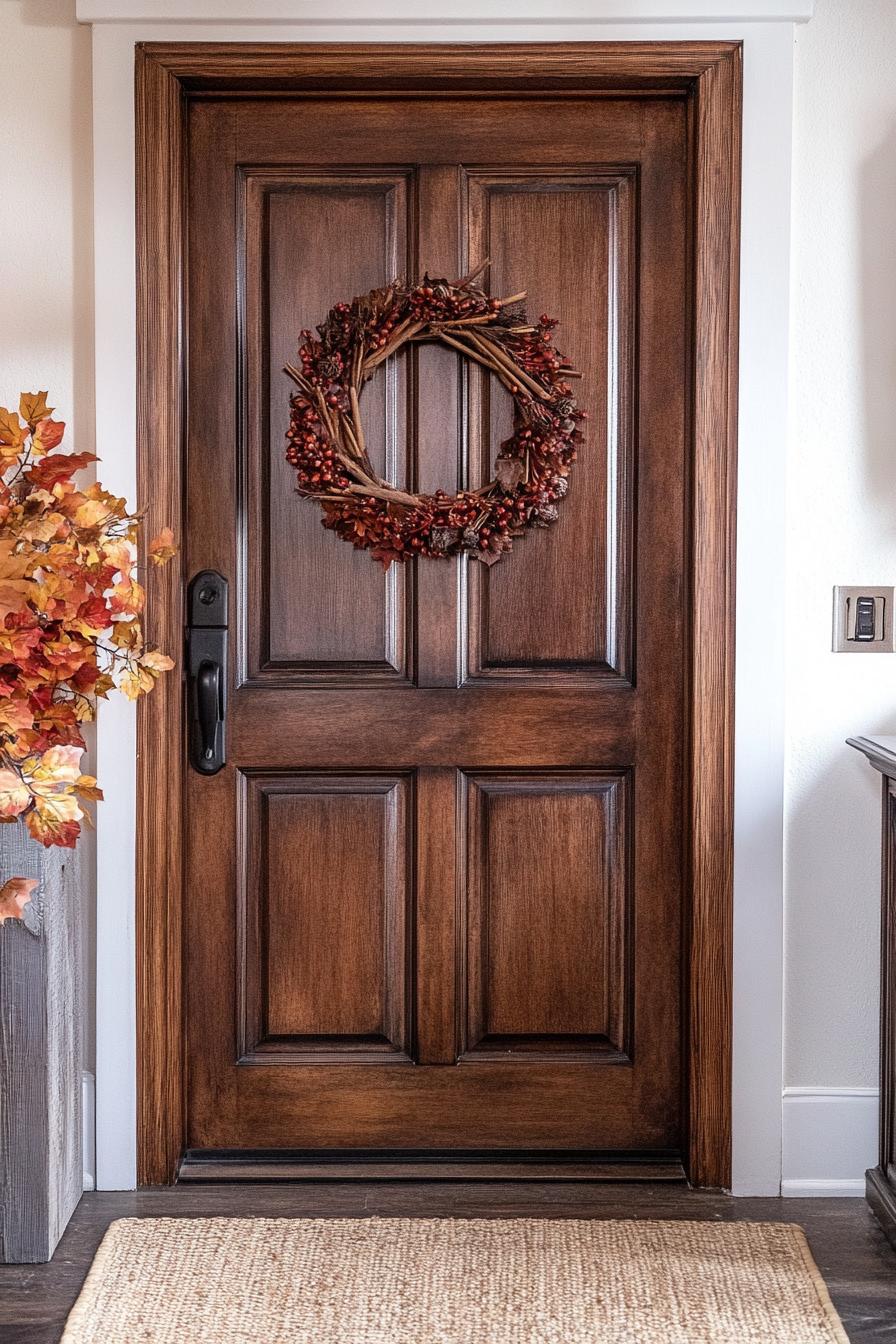 home interior entryway door decorated for fall with mini wreath made of cinnamon sticks 1