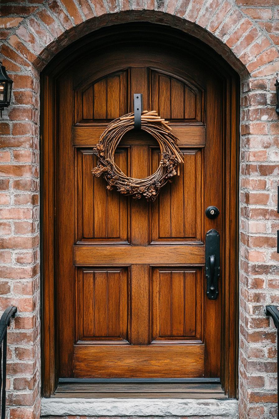 home interior entryway door decorated for fall with mini wreath made of cinnamon sticks 2