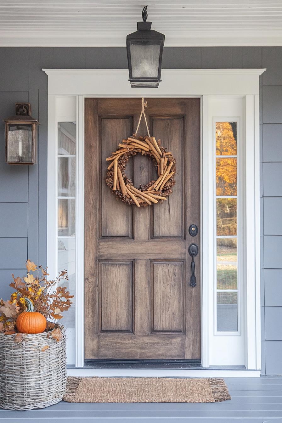 home interior entryway door decorated for fall with mini wreath made of cinnamon sticks 3