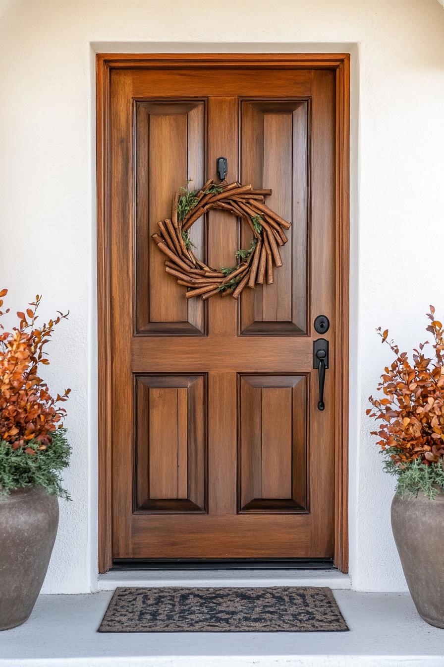 home interior entryway door decorated for fall with mini wreath made of cinnamon sticks